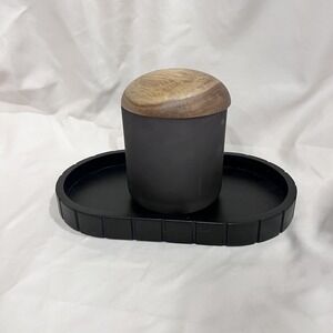 Haven Smoke Glass Storage Jar with Beautiful Wood Lid and Black Vanity Tray